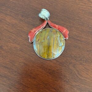 Sterling Silver Petrified Wood and Coral Stone Pendant - Women's Jewelry